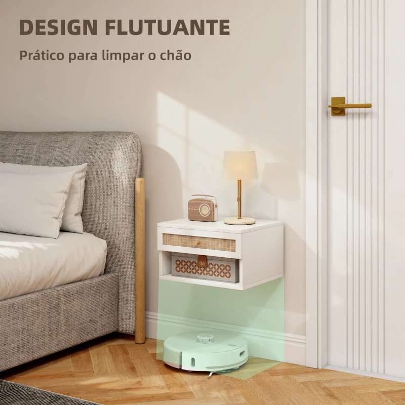 HOMCOM Conjunto de 2 Mesas de Cabeceiras Suspensas com Compartimento Aberto e Gaveta com Frente em Vime 40x34x23 cm Branco