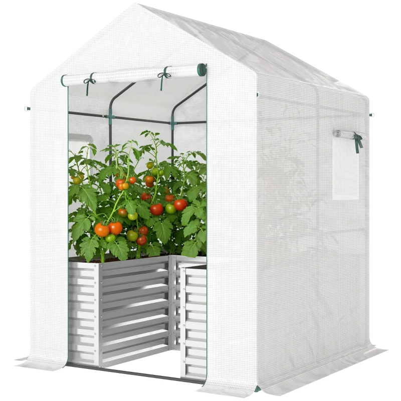 Outsunny Tomato Greenhouse Film Greenhouse with Raised Bed Roll-up Door Window Sloped Roof 141 x 141 x 190 cm White