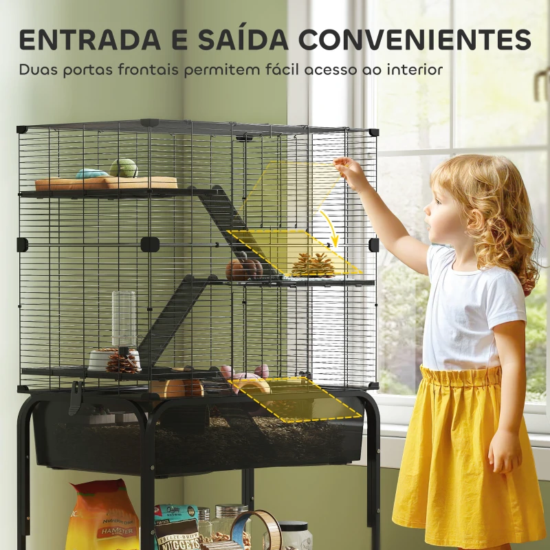 PawHut Gaiola para Pequenos Animais de 4 Níveis com Bandeja Inferior Rodas Rampas Comedouro e Bebedouro 73x47x123 cm Preto