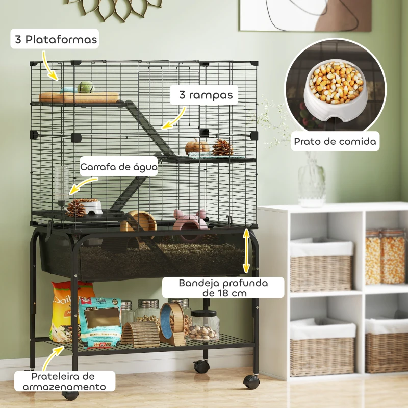 PawHut Gaiola para Pequenos Animais de 4 Níveis com Bandeja Inferior Rodas Rampas Comedouro e Bebedouro 73x47x123 cm Preto