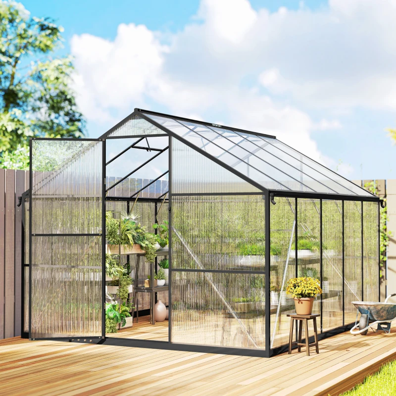 Outsunny Gewächshaus für den Gemüsegarten aus PC und Aluminium mit Schwingtür und 2 verstellbaren Fenstern, 304x247x205 cm, Schwarz