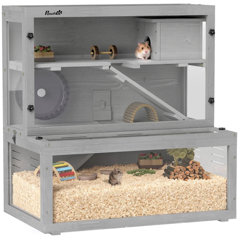 PawHut Wooden Hamster Cage with Hut, Wheel, Ramps, Removable Viewing Panels, 80 x 50 x 84 cm, Grey