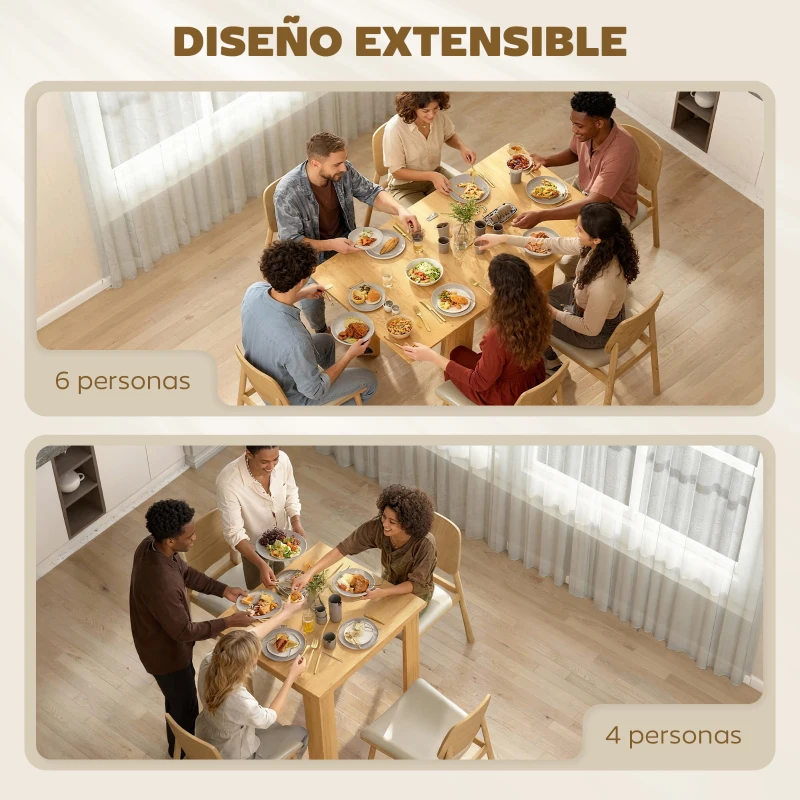 HOMCOM Mesa de Comedor Extensible 70-140x80 cm para 4-6 Personas con Tirador de PU y Almohadillas de Fieltro Natural