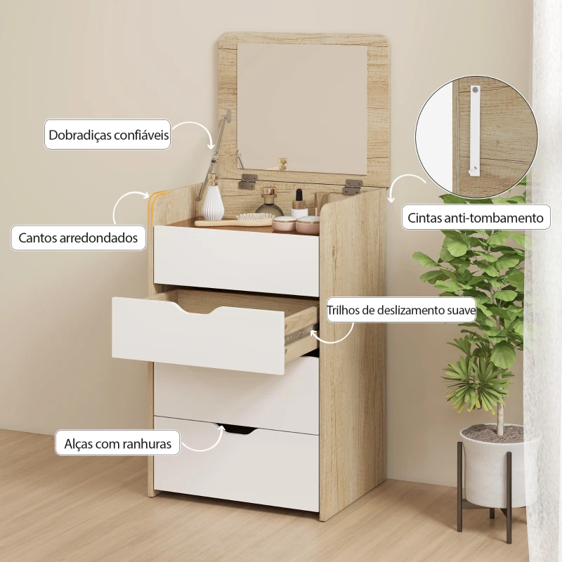HOMCOM Toucador de Maquilhagem 3 em 1 com Espelho Rebatível 3 Gavetas e Banco Acolchoado 50x40x78 cm Carvalho e Branco
