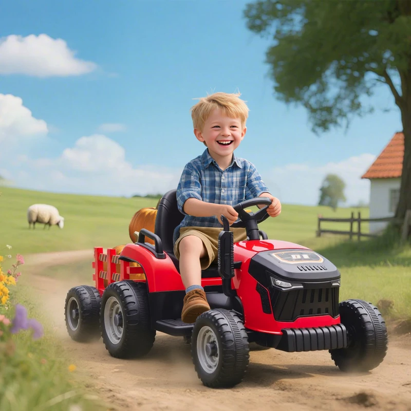 AIYAPLAY Tracteur électrique enfants avec remorque amovible, voiture électrique enfants, télécommande 2,4G, 139x58x55cm, rouge