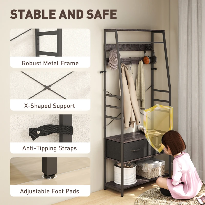 HOMCOM Coat Rack with Shoe Storage, Hall Tree, Industrial Coat Stand with Shoe Bench, 10 Removable Hooks, 2 Fabric Drawers and Clothes Rail for Entryway, Hallway, Grey