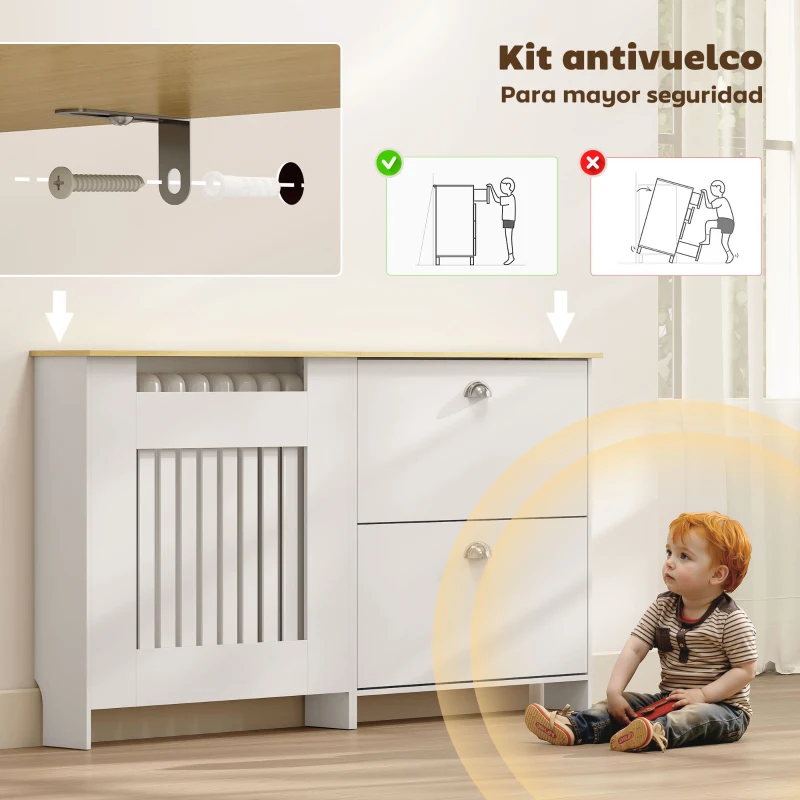 HOMCOM Cubre Radiadores con Zapatero Cubierta para Radiador con 2 Cajones Abatibles 152x19x81 cm Blanco