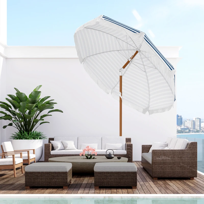 Outsunny Parasol inclinable rond Ø 225 cm avec franges polyester haute densité anti-UV mât démontable, vintage bleu et blanc