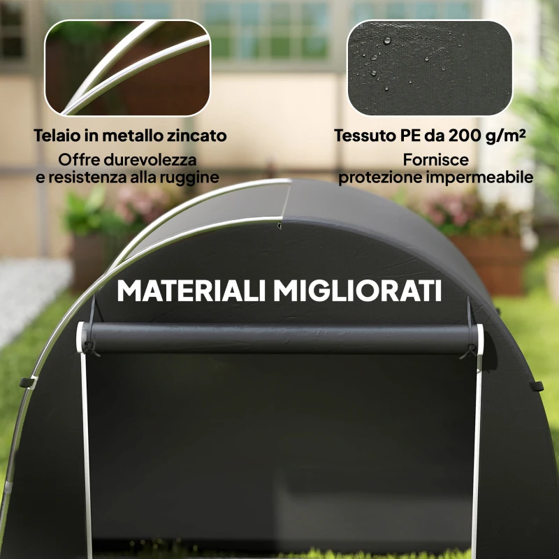 Outsunny Tenda Garage per Biciclette e Attrezzi con Ingresso a Cerniera, in PE e Metallo, 245x120x200 cm, Grigio Scuro