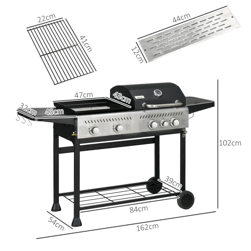 Outsunny 12kW Deluxe Duo Gas BBQ, with Grill, Plancha and Side Burner - Black