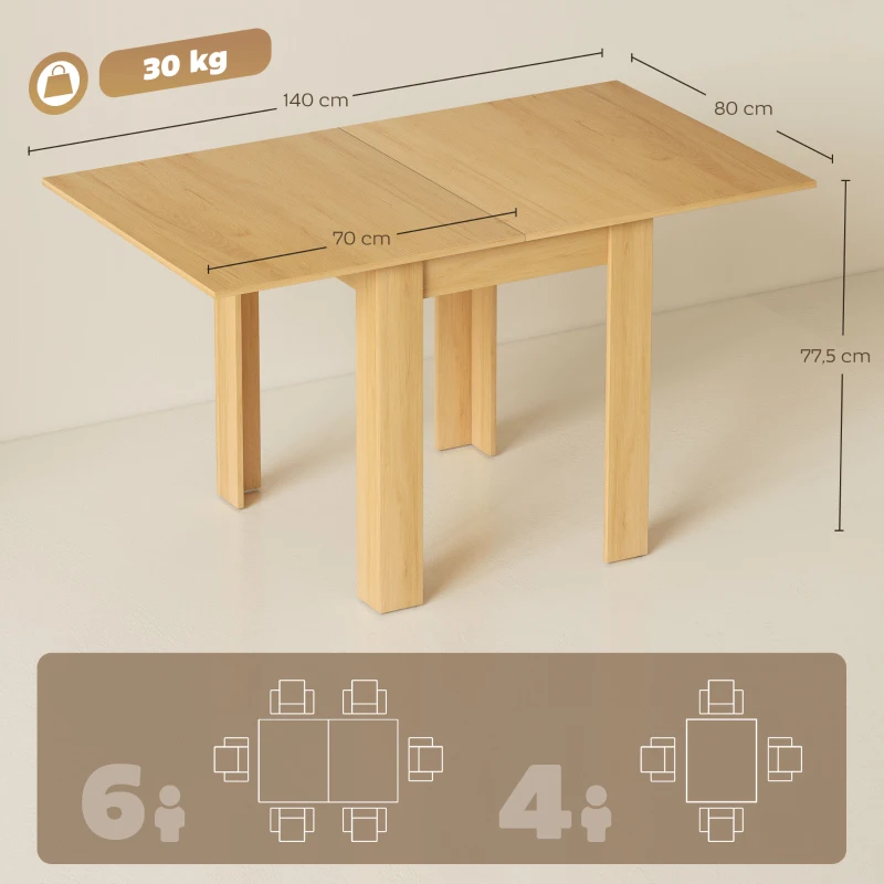 HOMCOM Mesa de Comedor Extensible 70-140x80 cm para 4-6 Personas con Tirador de PU y Almohadillas de Fieltro Natural