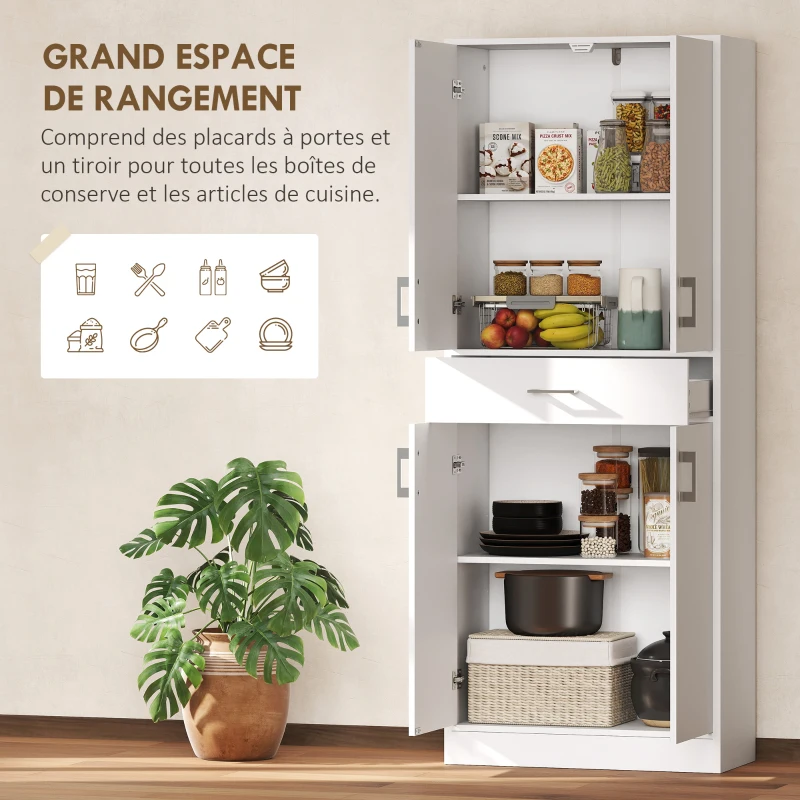 HOMCOM Buffet haut armoire de cuisine 4 portes 2 placards et 1 tiroir central hauteur 180 cm avec 2 étagères réglables blanc
