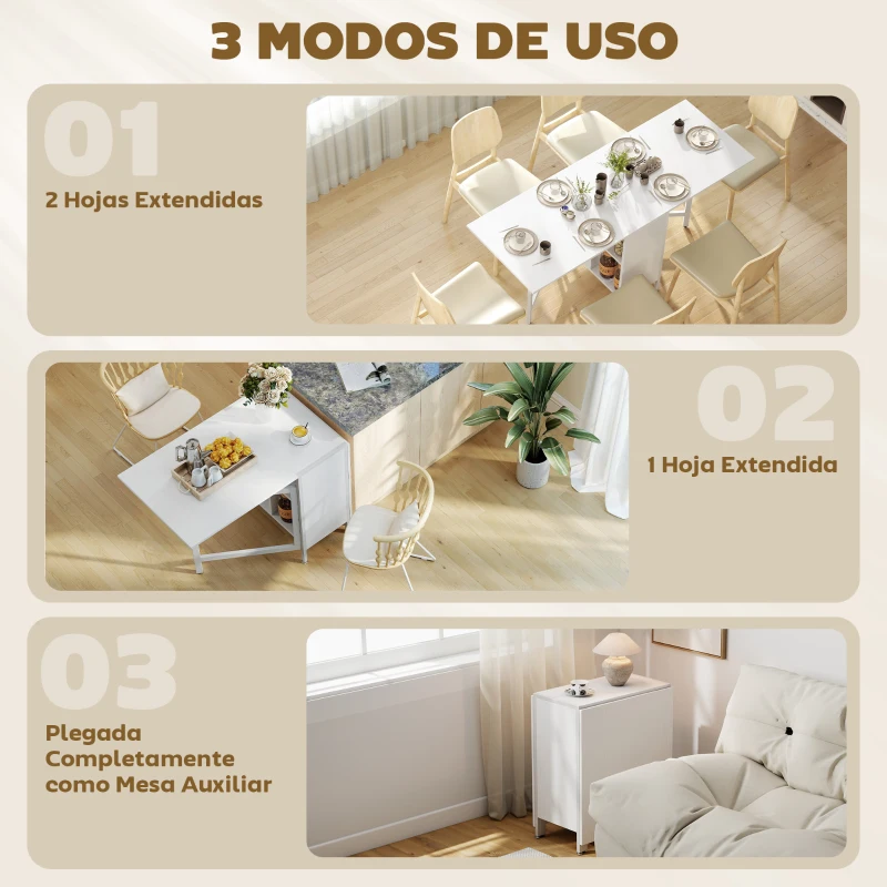 HOMCOM Mesa Plegable de Comedor con Alas Abatibles 4 Compartimentos 3 Formas para Cocina Salón 169x60x75 cm Blanco