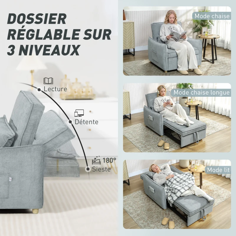 HOMCOM Fauteuil convertible 1 place 3 en 1, fauteuil-lit clic-clac en chenille, assise large dossier réglable, 88x84x87cm, gris
