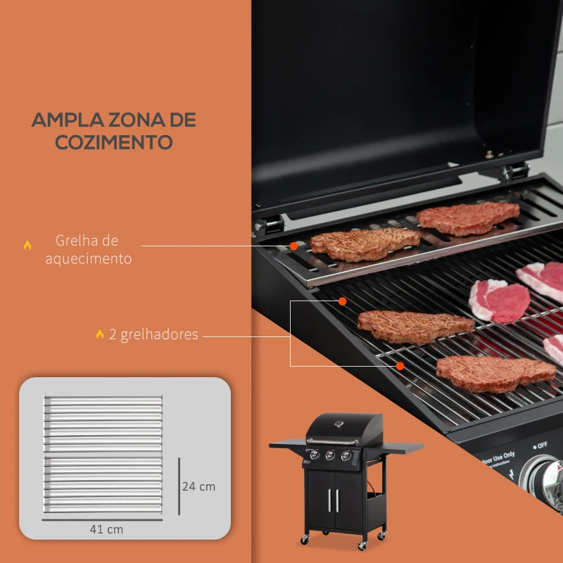 Outsunny Barbecue a Gás com 3 Queimadores Termómetro 2 Prateleiras Laterais Armário 4 Rodas e Travão 121x55x109 cm Preto