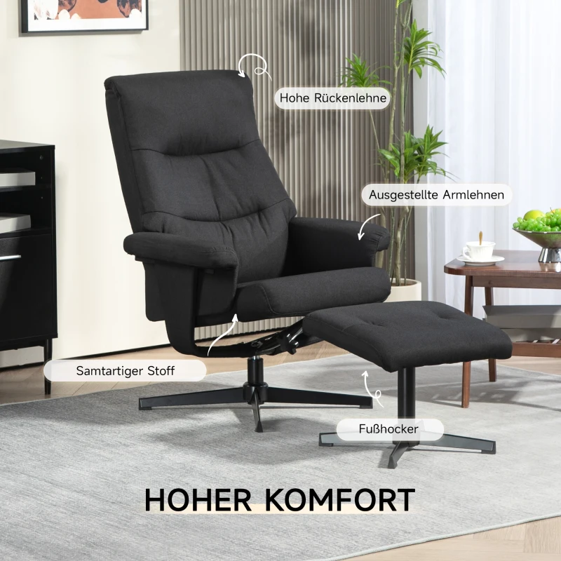 HOMCOM Liegesessel mit Hocker, drehbar, Wippfunktion, Samtoptik, bis 150 kg, Schwarz