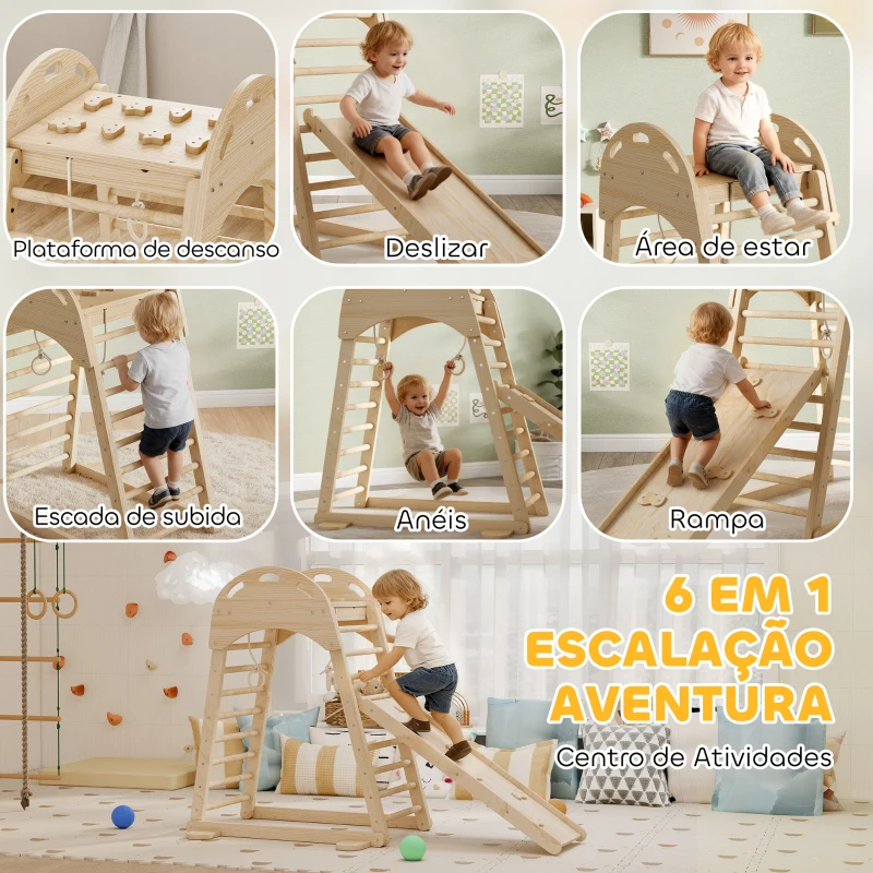 AIYAPLAY Triângulo de Escalada Montessori 6 em 1 Estrutura de Madeira com Plataforma Anéis e Escorrega para Escalar ou Deslizar Madeira
