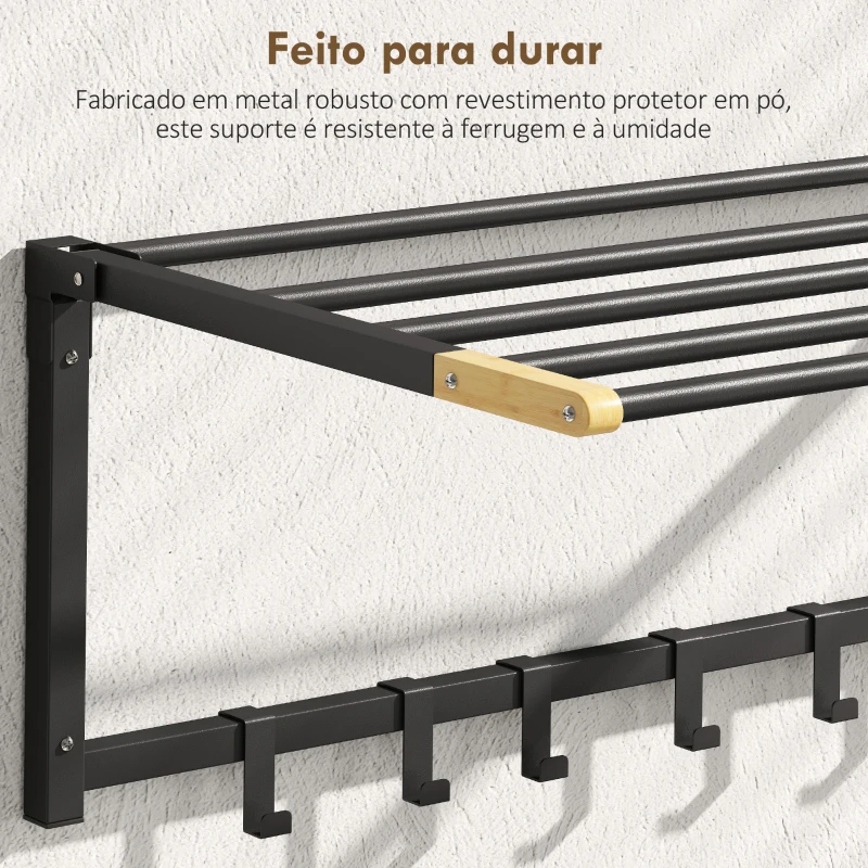 HOMCOM Toalheiro de Parede Dobrável com 5 Barras e 6 Ganchos Suporte para Toalhas para Casa de Banho Dobrável e Compacto 60x32,5x20 cm Preto