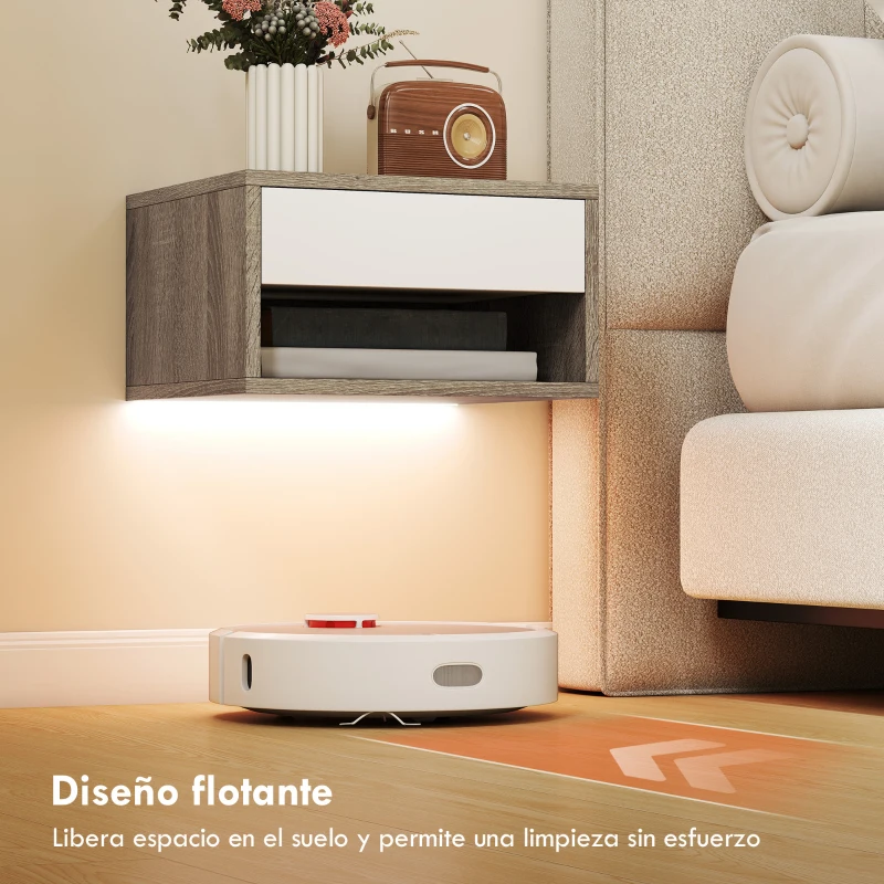 HOMCOM Juego de 2 Mesitas de Noche Flotantes con Luces LED RGB Control de APP Cajón Estante Abierto Natural y Blanco