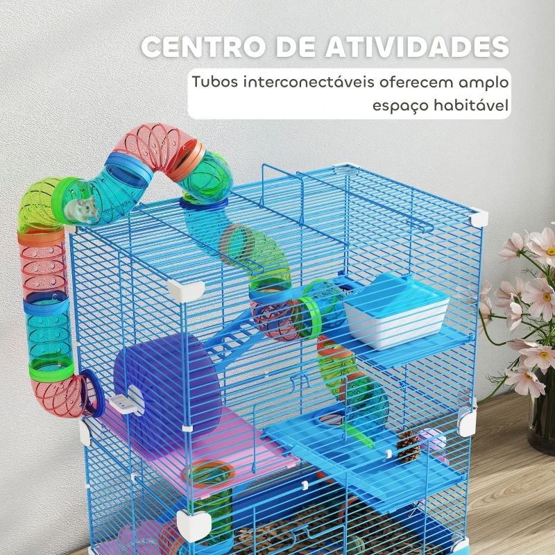 PawHut Gaiola para Hamsters com Túnel Comedouro Bebedouro Casa Rampas e Roda de Exercício 46x30x58 cm Azul