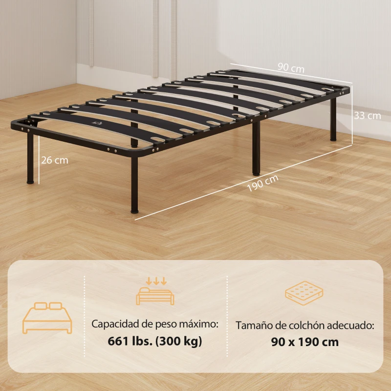 HOMCOM Estructura de Cama 90x190 cm con Marco de Acero Láminas de Álamo y Espacio de Almacenamiento Carga 350 kg Negro