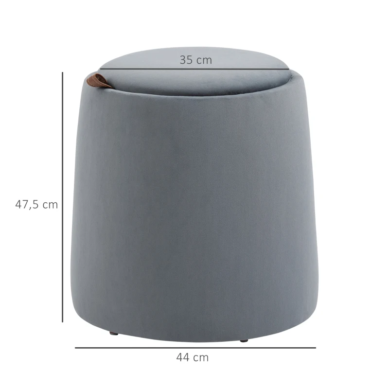 HOMCOM Pouf coffre rangement, pouf repose-pieds en tissu velours givré, couvercle réversible, Ø 44 x 47,5 cm, gris