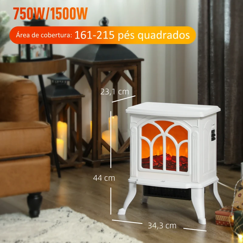 HOMCOM Lareira Elétrica  750/1500 W Lareira Decorativa com 2 Níveis de Potência Efeito Chama Área de Cobertura 15-20 m² 37,3x23,1x44 cm Branco
