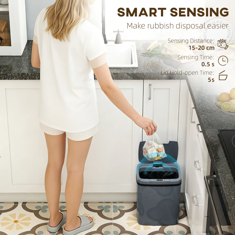 HOMCOM Sensor Mülleimer 15L Automatischer Mülleimer mit zwei Öffnungsmodi, für Büro, Küchen, 27,6 x 21,4 x 33,5 cm, Grau