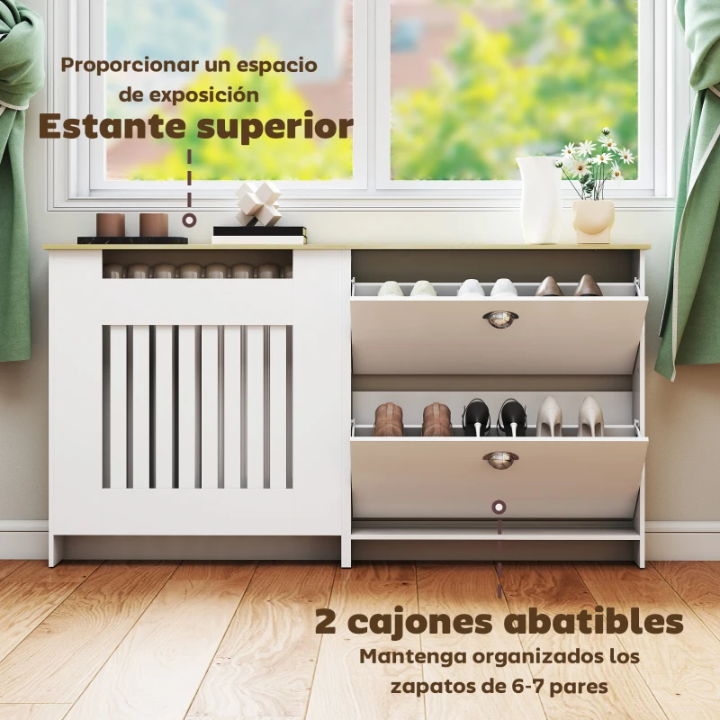 HOMCOM Cubre Radiadores con Zapatero Cubierta para Radiador con 2 Cajones Abatibles 152x19x81 cm Blanco