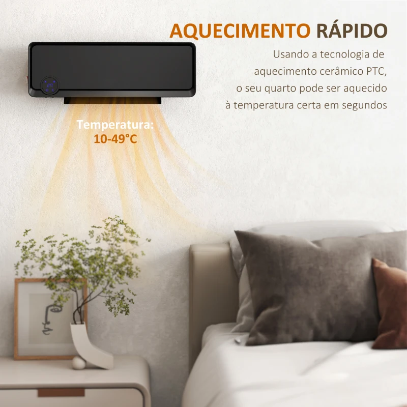 HOMCOM Aquecedor Cerâmico de Parede 1000W/2000W com Controle Remoto Tela LED Temporizador de 12h Termostato 56x18,5x11,7 cm Preto