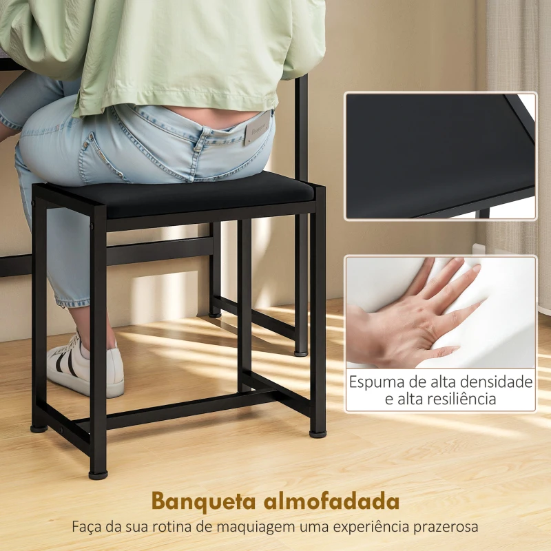 HOMCOM Toucador de Maquilhagem com Espelho Tríptico Removível, Banco Prateleiras e Suporte para Secador 90x40x141 cm Cinzento