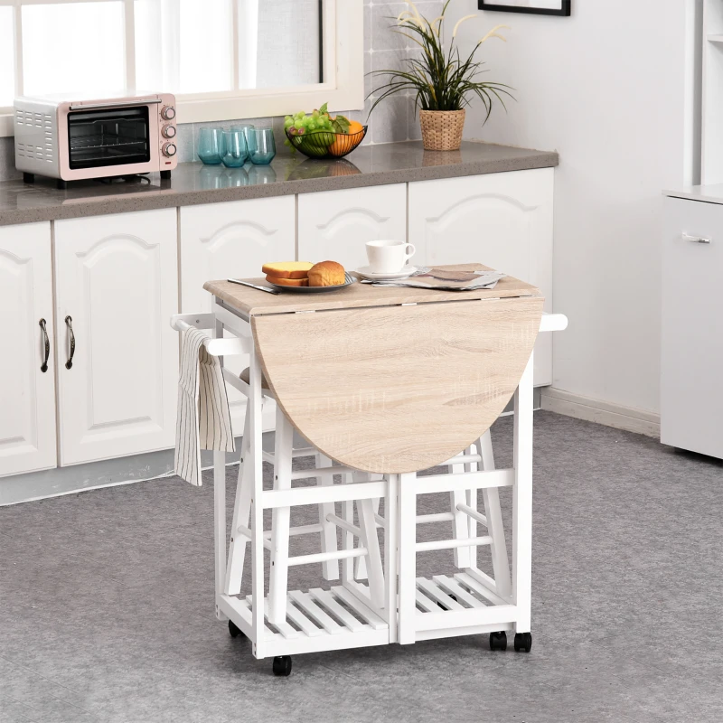 HOMCOM Foldable Kitchen Trolley Island Set with Casters 2 Barstool Chairs Folding Table Drop Leaf Storable Bottom Apartment Dorm