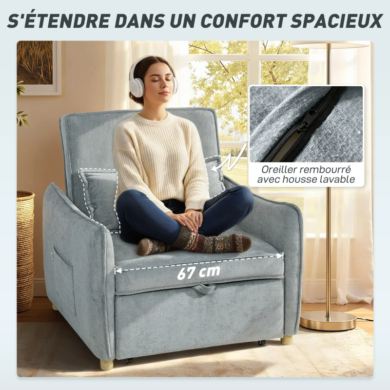 HOMCOM Fauteuil convertible 1 place 3 en 1, fauteuil-lit clic-clac en chenille, assise large dossier réglable, 88x84x87cm, gris