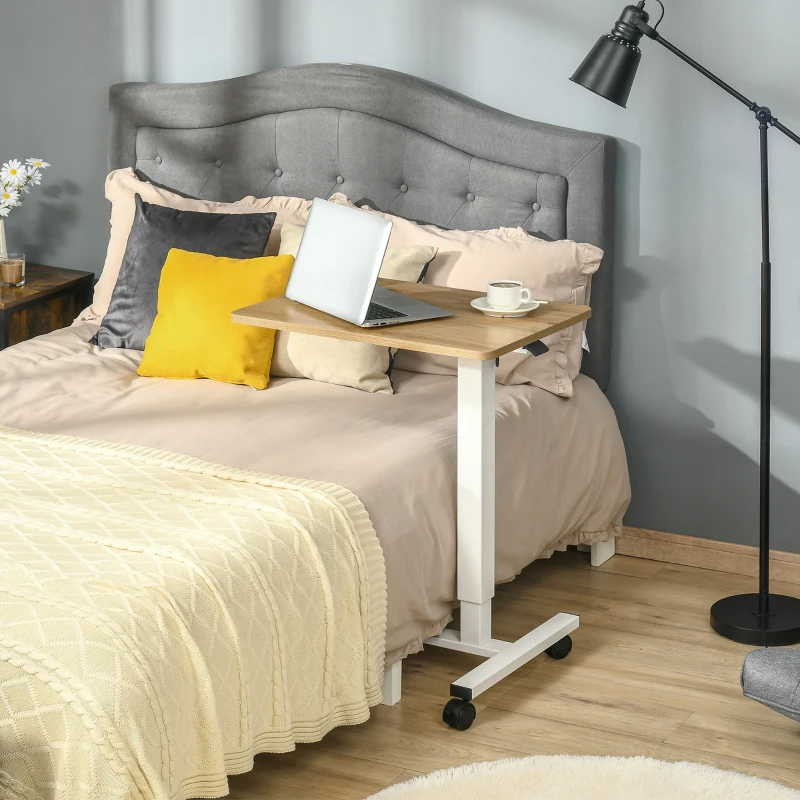 HOMCOM Sta-Bureau Verstelbaar met 4 Wielen C-Vorm 65 cm x 48 cm x 70-110 cm Naturel + Wit(m-10)