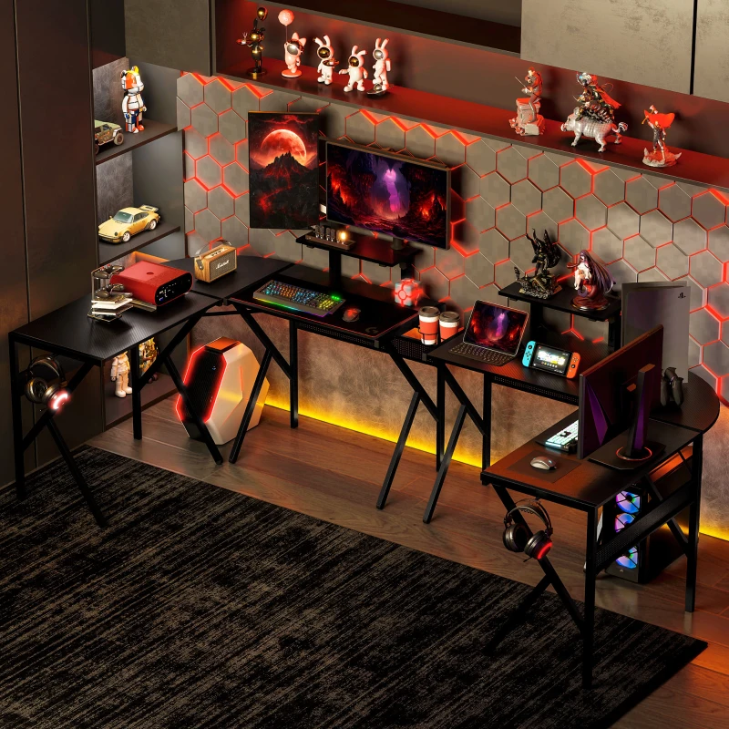 HOMCOM Corner Gaming Desk for Home Office w/ Monitor Stand Cup Holder Headphone Hook