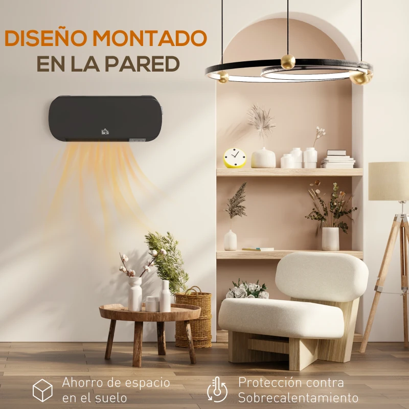 HOMCOM Calefactor Eléctrico de Pared 1000W/2000W Estufa con Pantalla LED y Mando a Distancia 45x18,6x11,5 cm Negro
