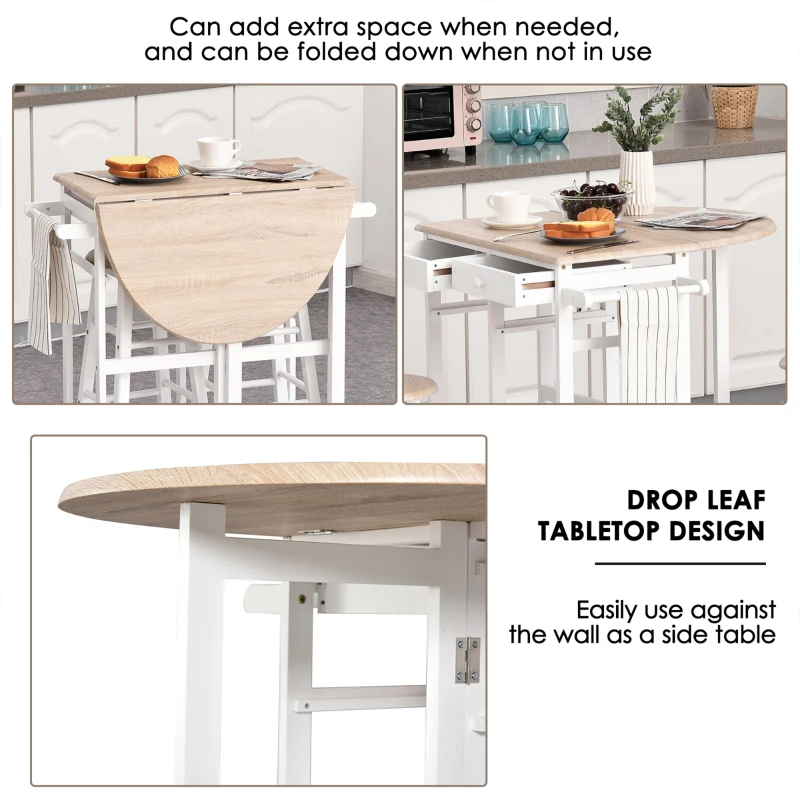 HOMCOM Foldable Kitchen Trolley Island Set with Casters 2 Barstool Chairs Folding Table Drop Leaf Storable Bottom Apartment Dorm