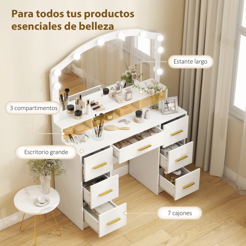 HOMCOM Tocador de Maquillaje con Luces LED de 3 Colores Tocador con Espejo 7 Cajones y 3 Compartimentos Blanco