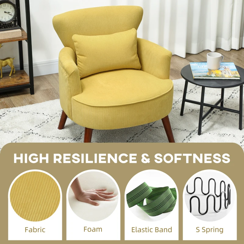 HOMCOM Modern Upholstered Armchair with Lumbar Pillow, Rubberwood Legs — Yellow Corduroy Accent Chair