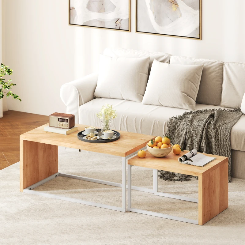 HOMCOM Juego de 2 Mesas de Centro Mesa Nido Moderna Marco de Metal para Salón 90x48x42 cm y 59x42x36 cm Natural y Blanco