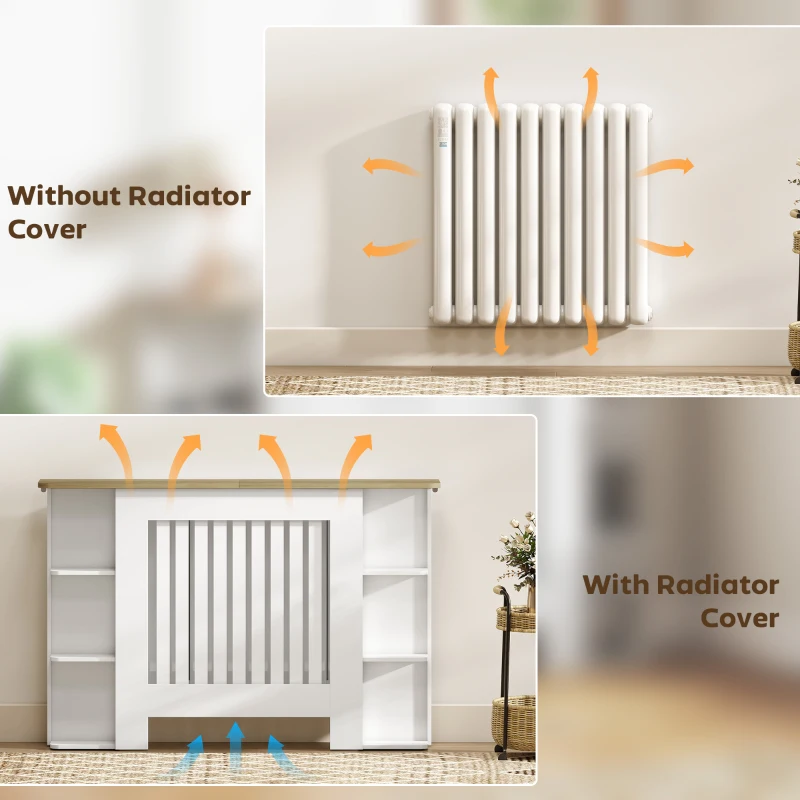 HOMCOM Radiator Cover with Open Storage Shelves, Vertical Slatted Cabinet Shelf Heater Cover for Living Room, Hallway, Medium, White (H: 83 / W: 124 / D: 19 cm)