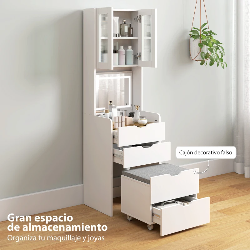 HOMCOM Tocador de Maquillaje con luces LED de 3 Colores Espejo Abatible y Taburete Acolchado 3 Cajones y Estantes Blanco