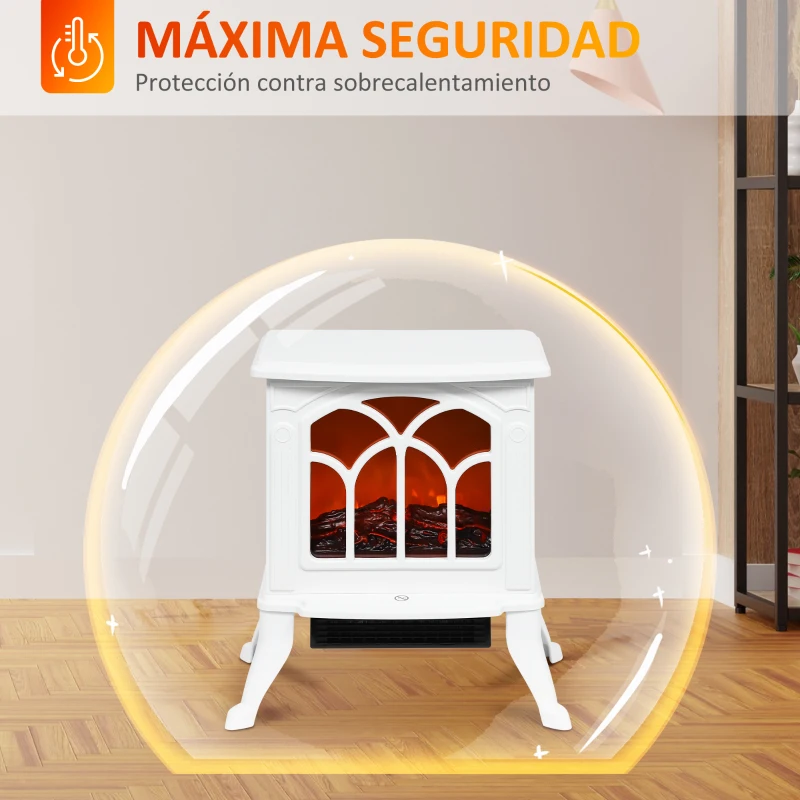 HOMCOM Chimenea Eléctrica de Pie 750/1500 W con 2 Niveles de Potencia Efecto Llama Área de Cobertura 15-20 m² Blanco