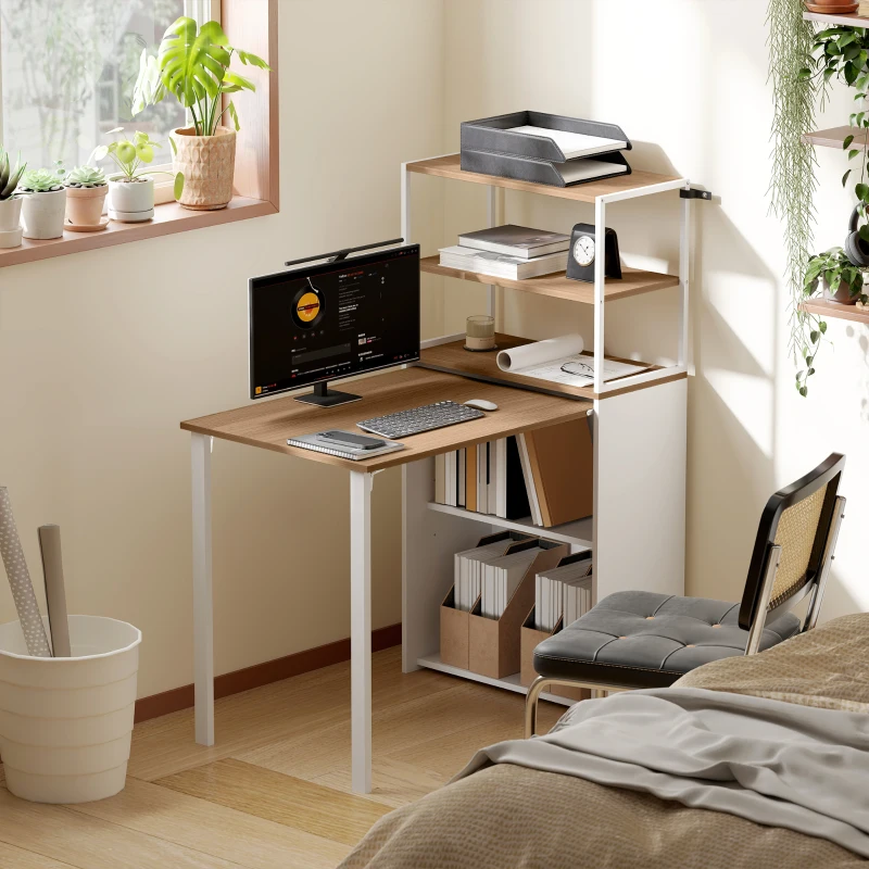 HOMCOM Bureau d'ordinateur pliable avec étagères de rangement à 4 niveaux, bureau avec 2 niches, 105 x 60 x 127 cm, chêne blanc