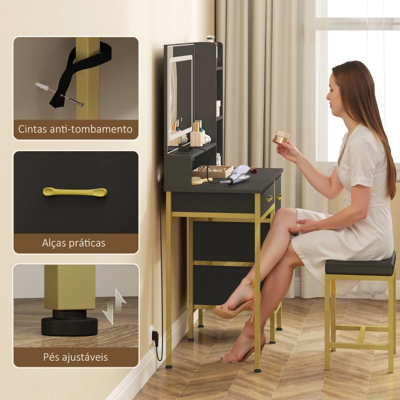HOMCOM Toucador de Maquilhagem com Espelho, Luzes LED Estação de Carregamento 4 Gavetas e Banco 88x40x134 cm Preto