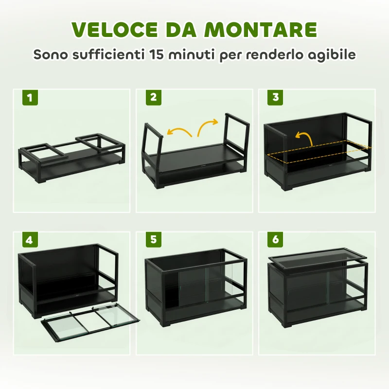 PawHut Rettilario Rialzato e Pieghevole con Coperchio e Pareti in Vetro Temperato e Plastica, 60x45x32 cm, Nero