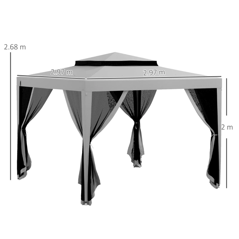 Outsunny 3 x 3 m Gazebo, Netting Party Tent, Patio Canopy Outdoor Event Shelter with Double Tier Roof, Light Grey