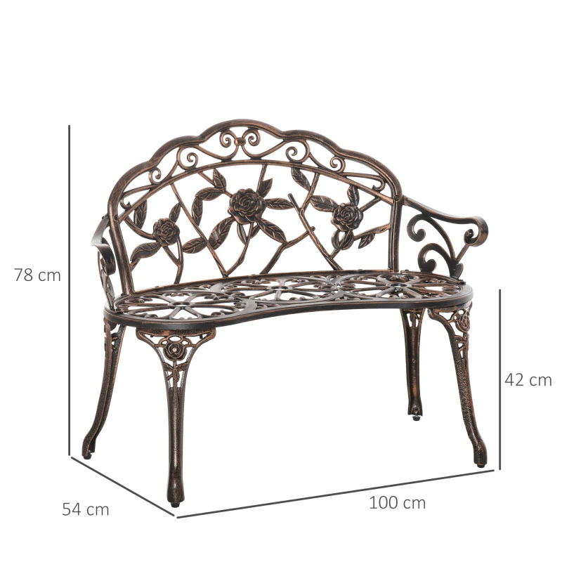 Outsunny Banco de jardín 2 plazas de metal, banco estilo retro, banco de parque con motivo floral 100 x 54 x 78 cm, Bronce