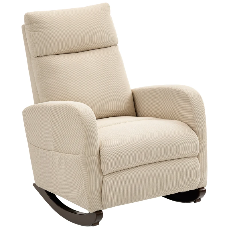 HOMCOM Silla Mecedora de Pana con Respaldo Alto Patas de Madera de Caucho Bolsillos Reposabrazos Estilo Moderno Beige