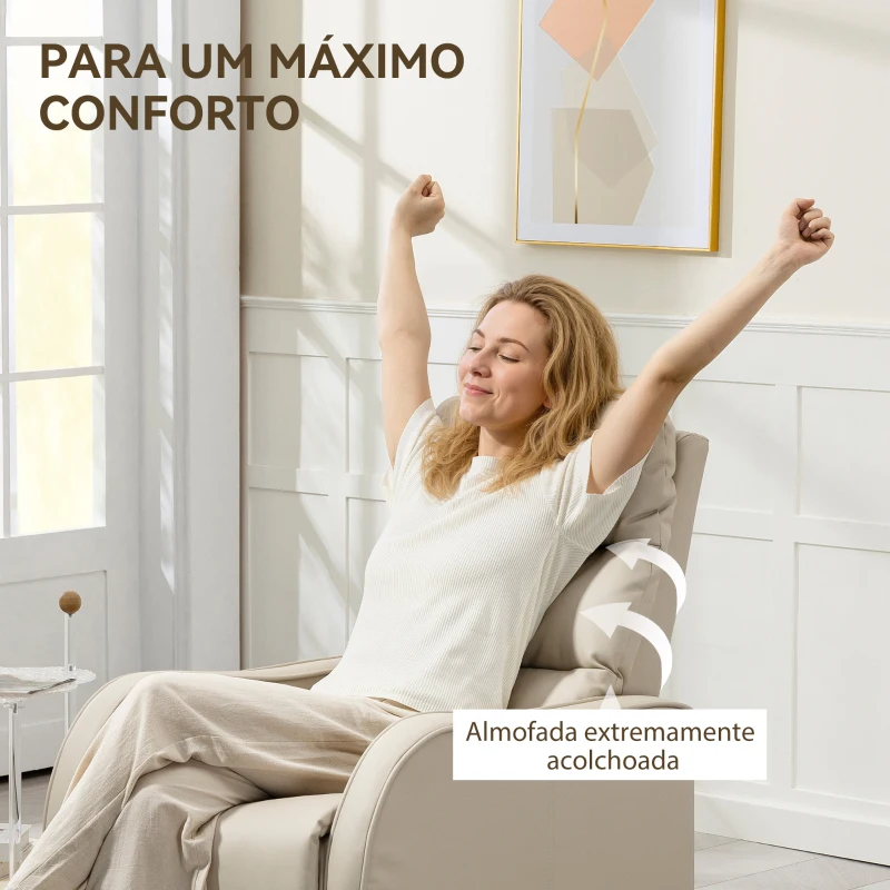 HOMCOM Poltrona Relax Reclinável Manual Revestida em PU com Apoio de Pés Retrátil Poltrona Reclinável até 160º  65x89x100 cm Creme